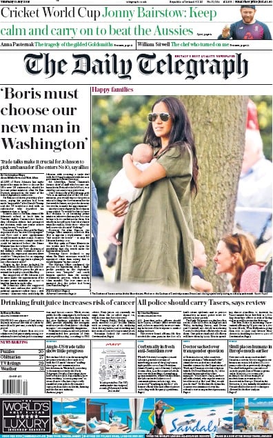 The Daily Telegraph Newspaper Front Page (UK) for 11 July 2019