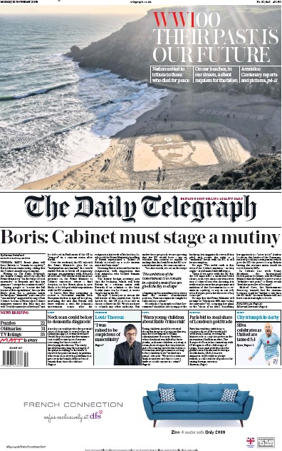 The Daily Telegraph Newspaper Front Page (UK) for 12 November 2018