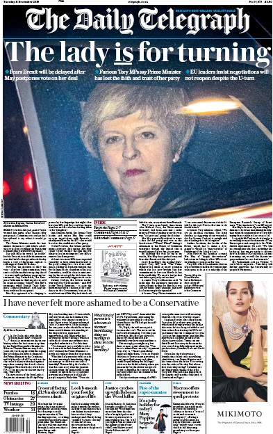 The Daily Telegraph Newspaper Front Page (UK) for 12 December 2018
