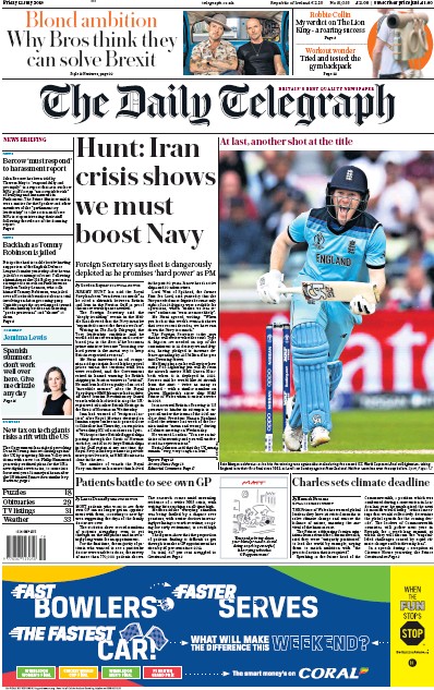 The Daily Telegraph Newspaper Front Page (UK) for 12 July 2019