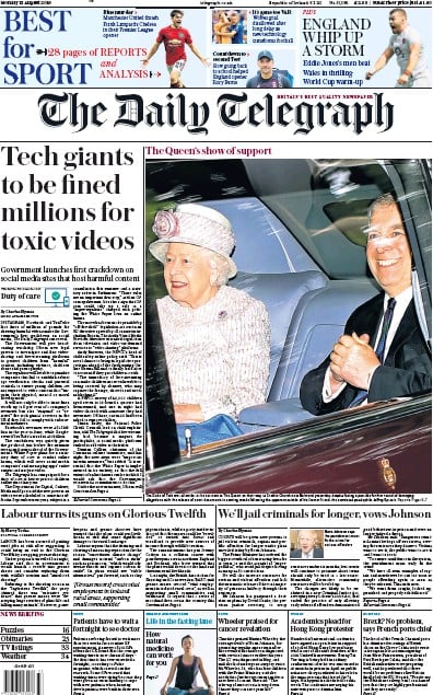 The Daily Telegraph Newspaper Front Page (UK) for 12 August 2019