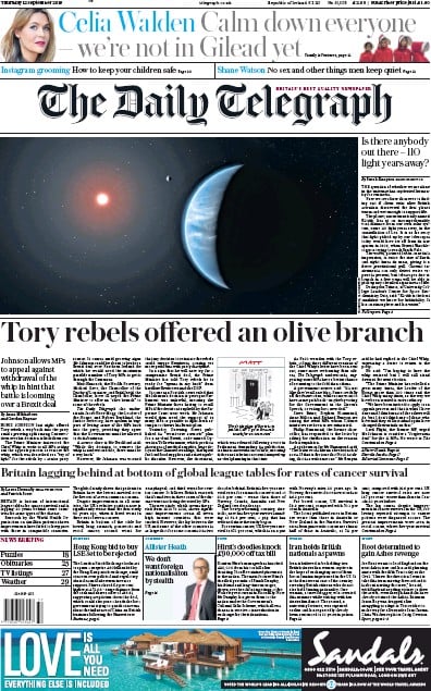 The Daily Telegraph Newspaper Front Page (UK) for 12 September 2019