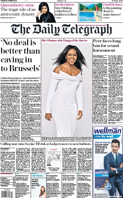 The Daily Telegraph Newspaper Front Page (UK) for 13 November 2018