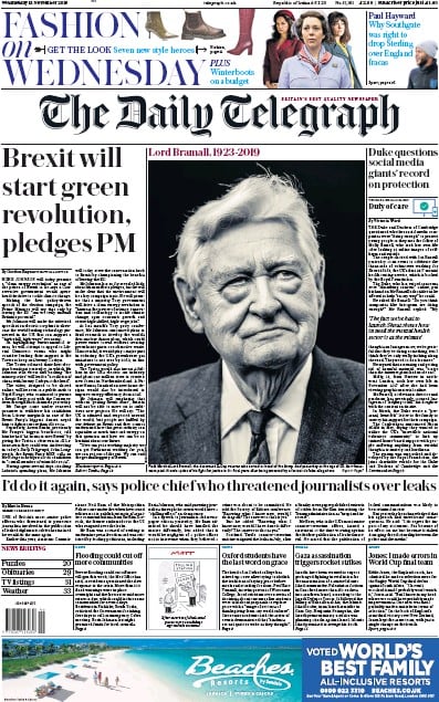 The Daily Telegraph Newspaper Front Page (UK) for 13 November 2019