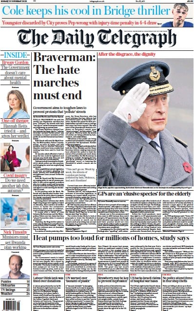 The Daily Telegraph Newspaper Front Page (UK) for 13 November 2023