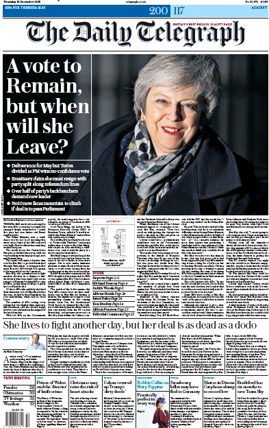 The Daily Telegraph Newspaper Front Page (UK) for 13 December 2018