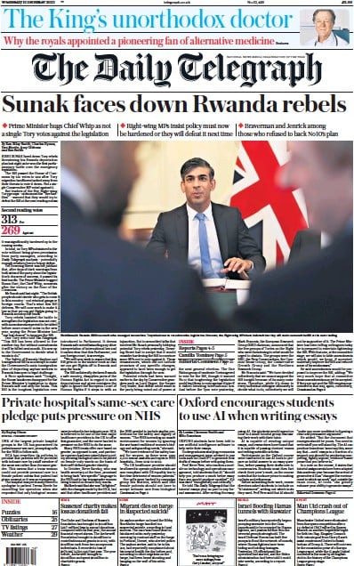 The Daily Telegraph Newspaper Front Page (UK) for 13 December 2023