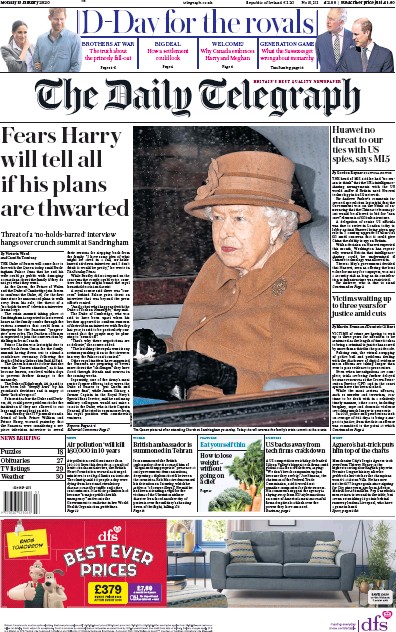 The Daily Telegraph Newspaper Front Page (UK) for 13 January 2020