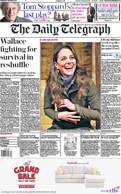 The Daily Telegraph Newspaper Front Page (UK) for 13 February 2020