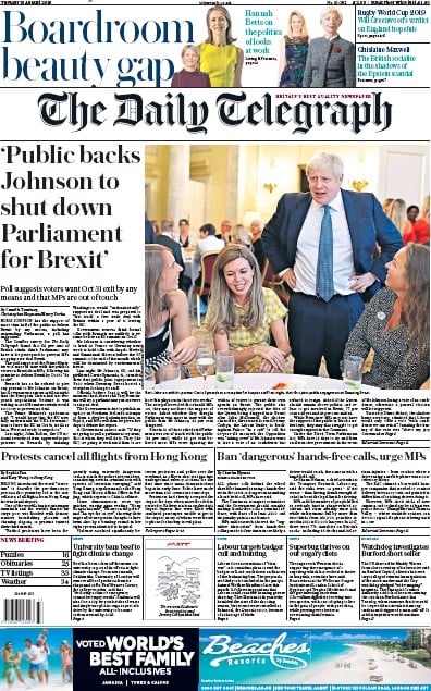 The Daily Telegraph Newspaper Front Page (UK) for 13 August 2019