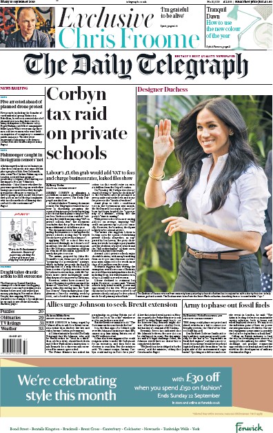 The Daily Telegraph Newspaper Front Page (UK) for 13 September 2019
