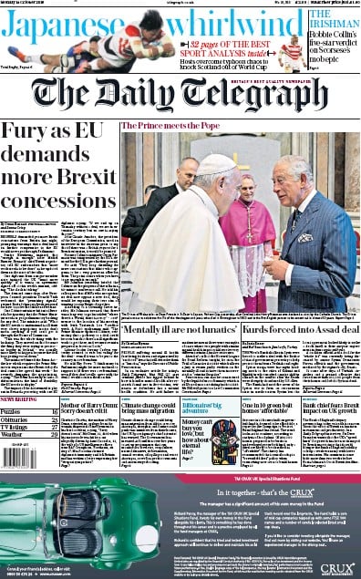 The Daily Telegraph Newspaper Front Page (UK) for 14 October 2019