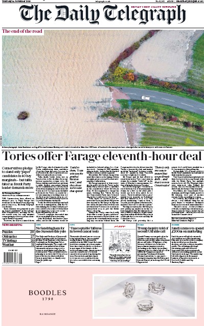 The Daily Telegraph Newspaper Front Page (UK) for 14 November 2019