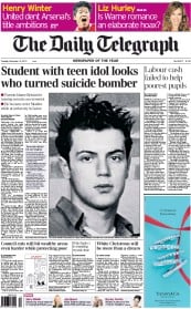 The Daily Telegraph Newspaper Front Page (UK) for 14 December 2010