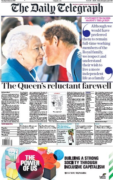 The Daily Telegraph Newspaper Front Page (UK) for 14 January 2020