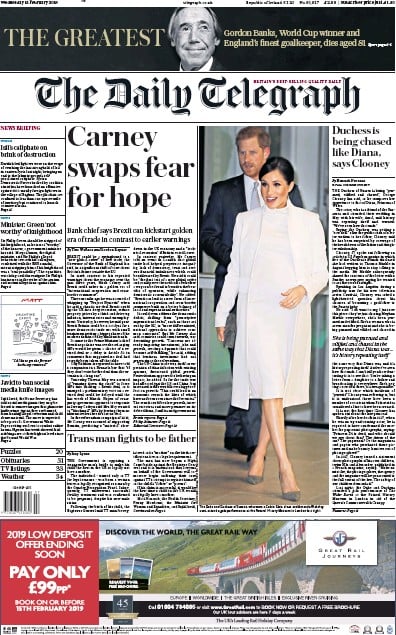 The Daily Telegraph Newspaper Front Page (UK) for 14 February 2019
