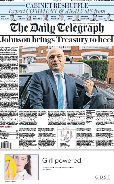 The Daily Telegraph Newspaper Front Page (UK) for 14 February 2020