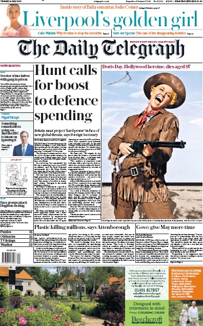 The Daily Telegraph Newspaper Front Page (UK) for 14 May 2019