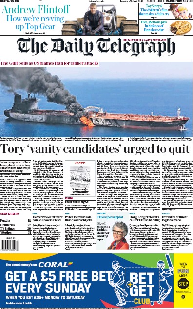 The Daily Telegraph Newspaper Front Page (UK) for 14 June 2019