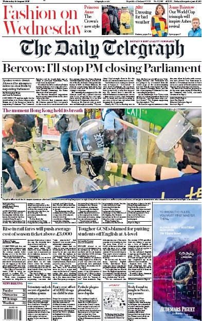 The Daily Telegraph Newspaper Front Page (UK) for 14 August 2019