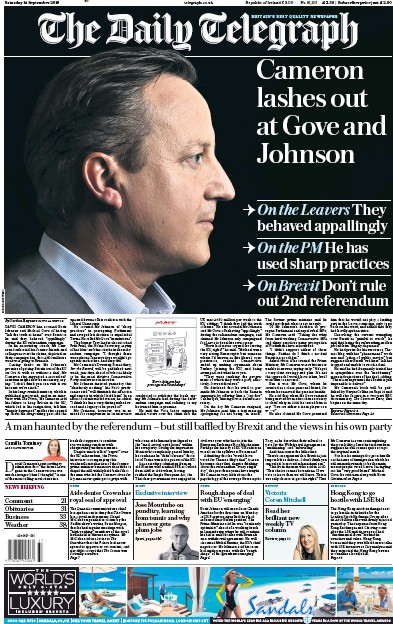 The Daily Telegraph Newspaper Front Page (UK) for 14 September 2019