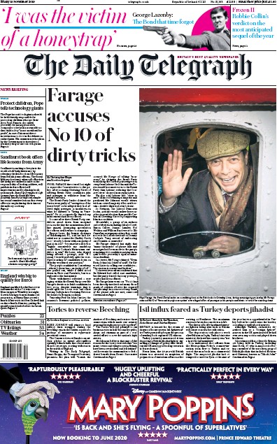 The Daily Telegraph Newspaper Front Page (UK) for 15 November 2019