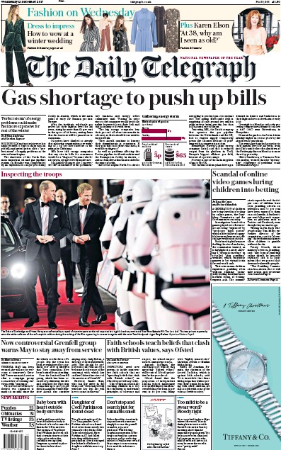 The Daily Telegraph Newspaper Front Page (UK) for 15 December 2017
