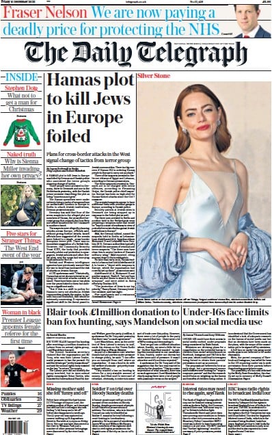 The Daily Telegraph Newspaper Front Page (UK) for 15 December 2023