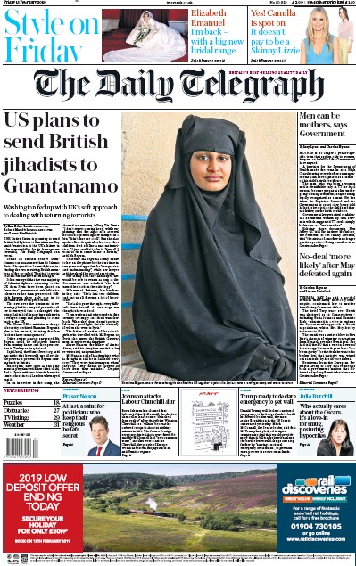 The Daily Telegraph Newspaper Front Page (UK) for 15 February 2019