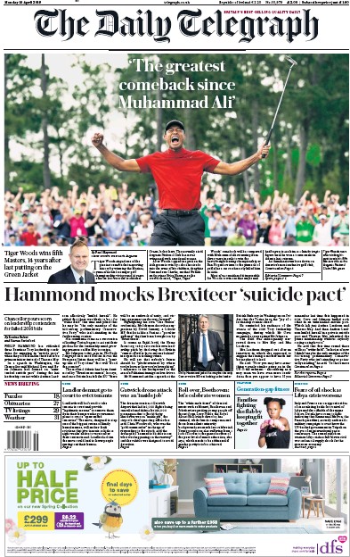 The Daily Telegraph Newspaper Front Page (UK) for 15 April 2019