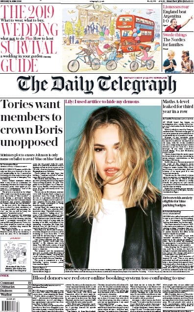 The Daily Telegraph Newspaper Front Page (UK) for 15 June 2019