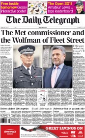 The Daily Telegraph Newspaper Front Page (UK) for 15 July 2011