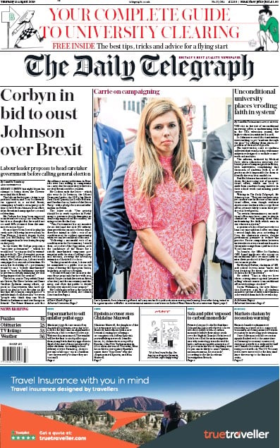 The Daily Telegraph Newspaper Front Page (UK) for 15 August 2019