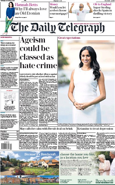 The Daily Telegraph Newspaper Front Page (UK) for 16 October 2018