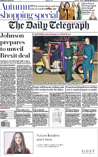 The Daily Telegraph Newspaper Front Page (UK) for 16 October 2019