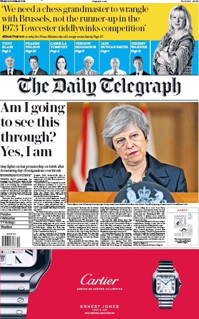 The Daily Telegraph Newspaper Front Page (UK) for 16 November 2018