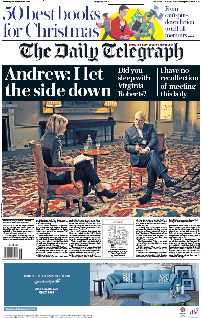 The Daily Telegraph Newspaper Front Page (UK) for 16 November 2019