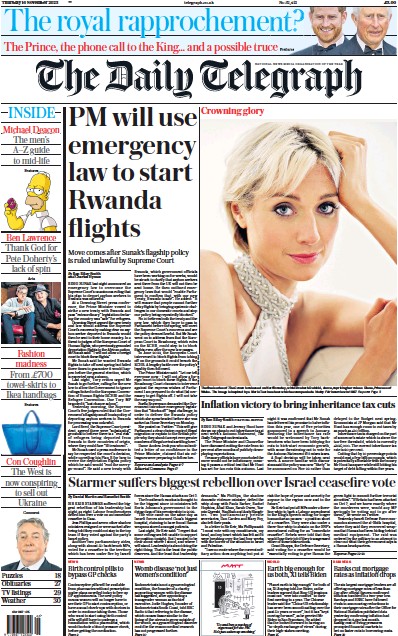 The Daily Telegraph Newspaper Front Page (UK) for 16 November 2023