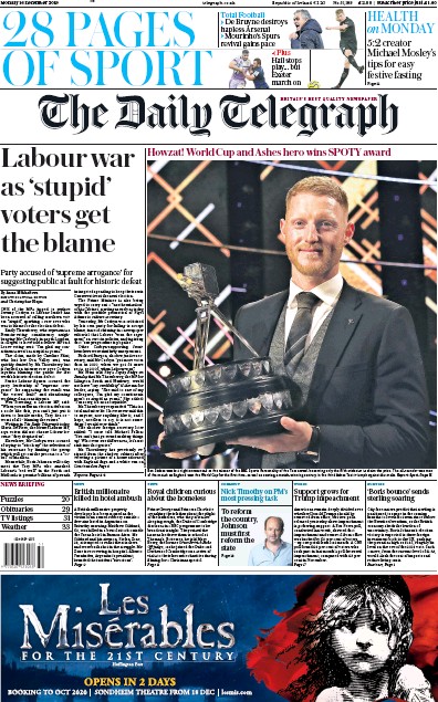 The Daily Telegraph Newspaper Front Page (UK) for 16 December 2019