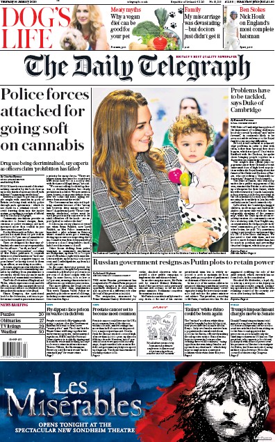 The Daily Telegraph Newspaper Front Page (UK) for 16 January 2020