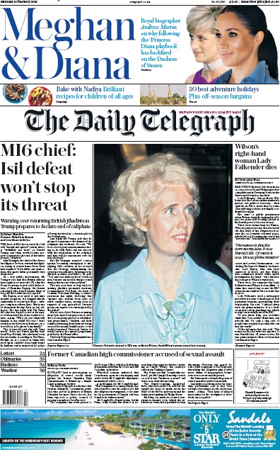 The Daily Telegraph Newspaper Front Page (UK) for 16 February 2019
