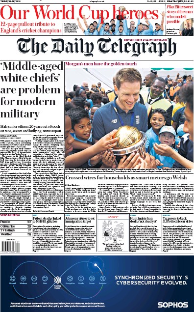 The Daily Telegraph Newspaper Front Page (UK) for 16 July 2019