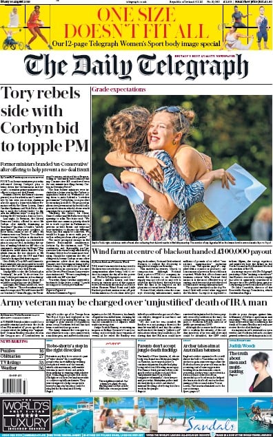 The Daily Telegraph Newspaper Front Page (UK) for 16 August 2019