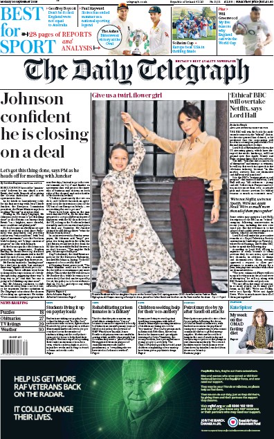 The Daily Telegraph Newspaper Front Page (UK) for 16 September 2019