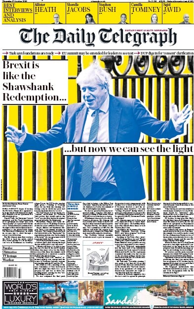 The Daily Telegraph Newspaper Front Page (UK) for 17 October 2019