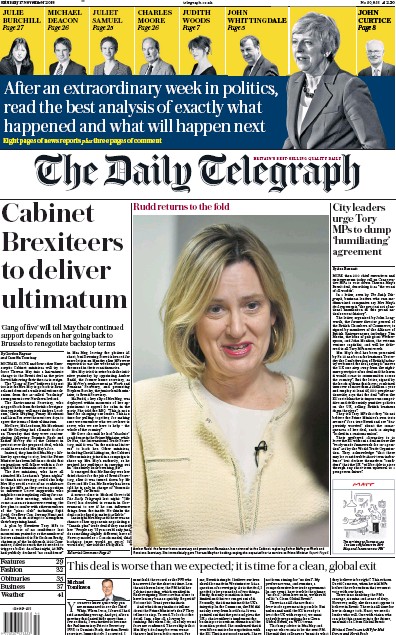 The Daily Telegraph Newspaper Front Page (UK) for 17 November 2018