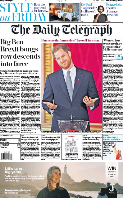 The Daily Telegraph Newspaper Front Page (UK) for 17 January 2020
