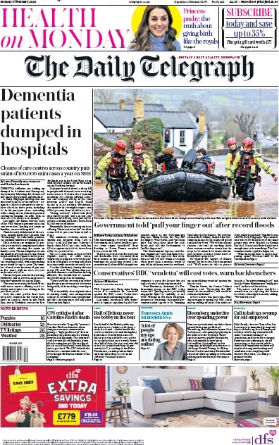 The Daily Telegraph Newspaper Front Page (UK) for 17 February 2020