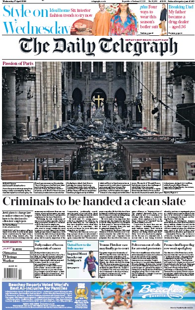 The Daily Telegraph Newspaper Front Page (UK) for 17 April 2019