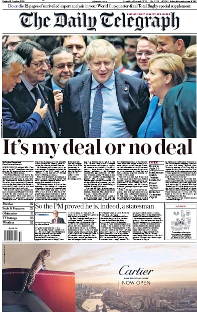 The Daily Telegraph Newspaper Front Page (UK) for 18 October 2019
